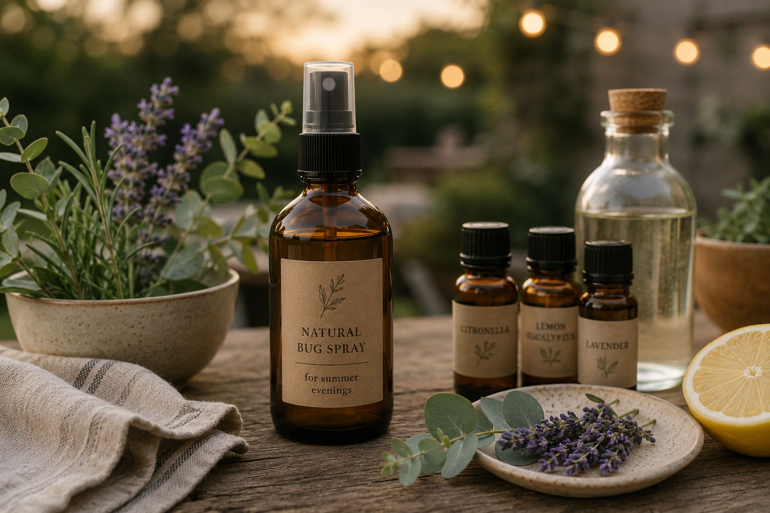 Amber glass spray bottle with herbs and natural summer ingredients styled outdoors in soft evening light.